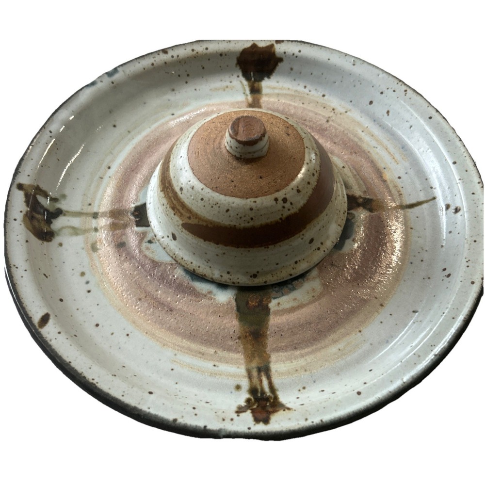 Vintage Large Pottery Grey Blue Rust Brown Candle Holder Plate With Lid